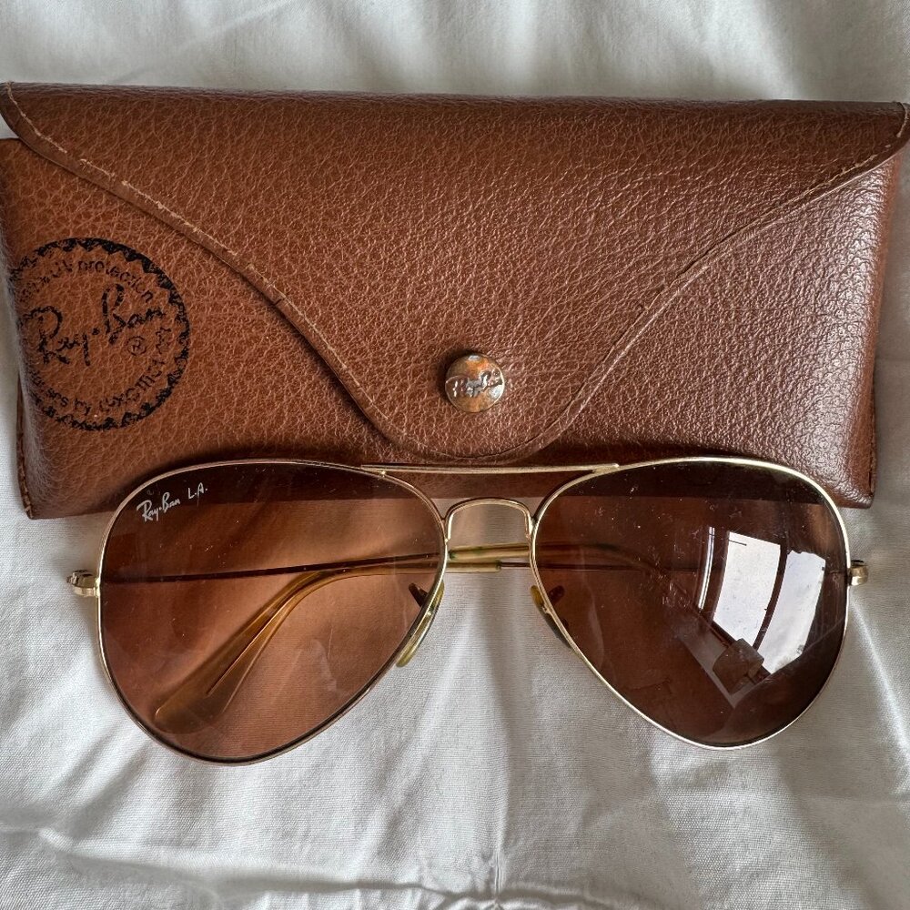 Ray-Ban Aviator Sunglasses – Gold Frame w/ Brown "LA" Lenses + Leather Case